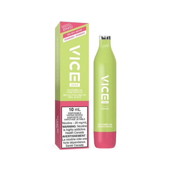 Vice 5500 Rechargeable Disposable Vape - Watermelon Honeydew Ice - Sleek design, up to 5500 puffs, 1000mAh battery, 10ml/20mg e-liquid capacity, USB-C rechargeable, mesh coil - Vape Cave