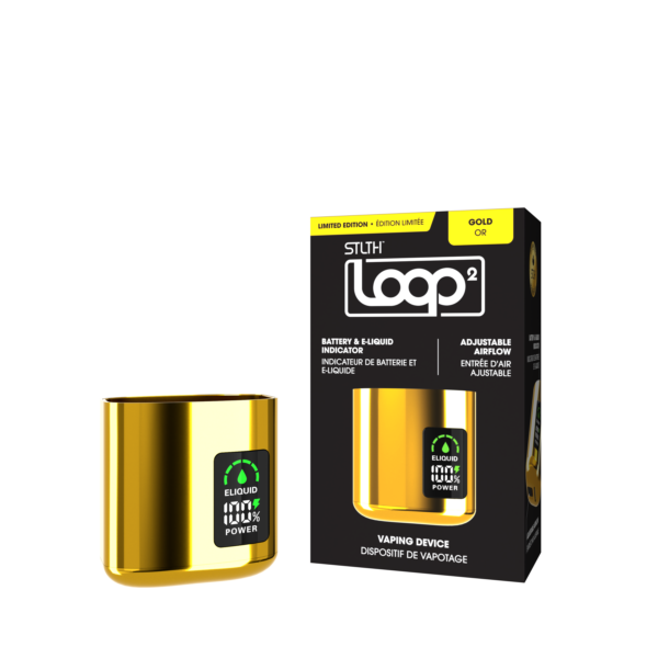 Stlth Loop 2 Device in Gold, equipped with 850mAh battery and e-liquid level indicator.