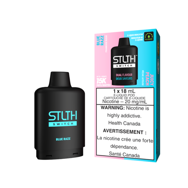 Stlth Loop Switch Pods Blue Razz and Juicy Peach, fruity dual flavors with seamless switching.