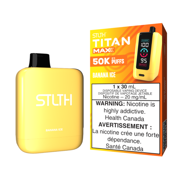 Stlth Titan Max Banana Ice, smooth and creamy banana flavor with a frosty menthol twist.