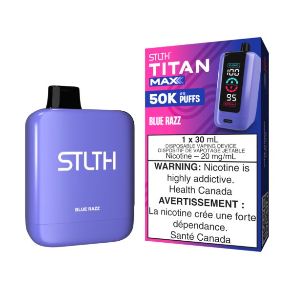 Stlth Titan Max Blue Razz flavor, up to 50,000 puffs, quad coils, adjustable airflow, and 30mL e-liquid capacity.