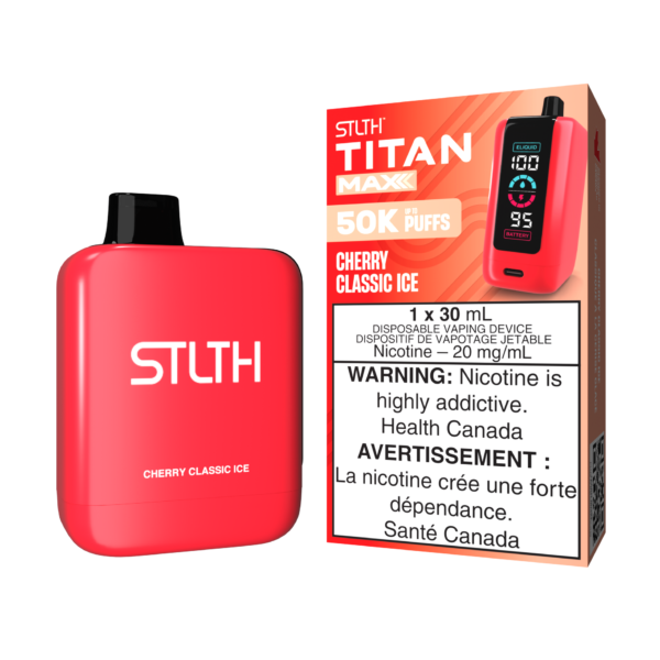 Stlth Titan Max Cherry Classic Ice, bold cherry flavor with a menthol finish and quad coils.