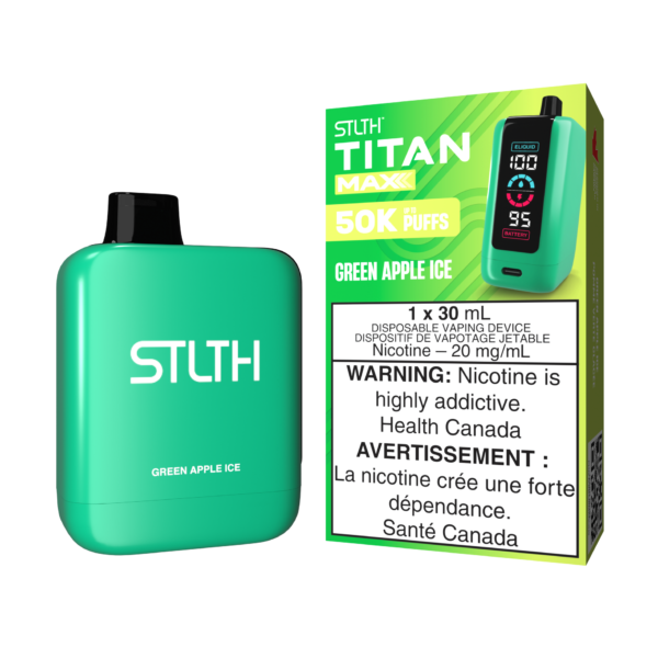 Stlth Titan Max Green Apple Ice, tart green apple flavor with a frosty exhale.