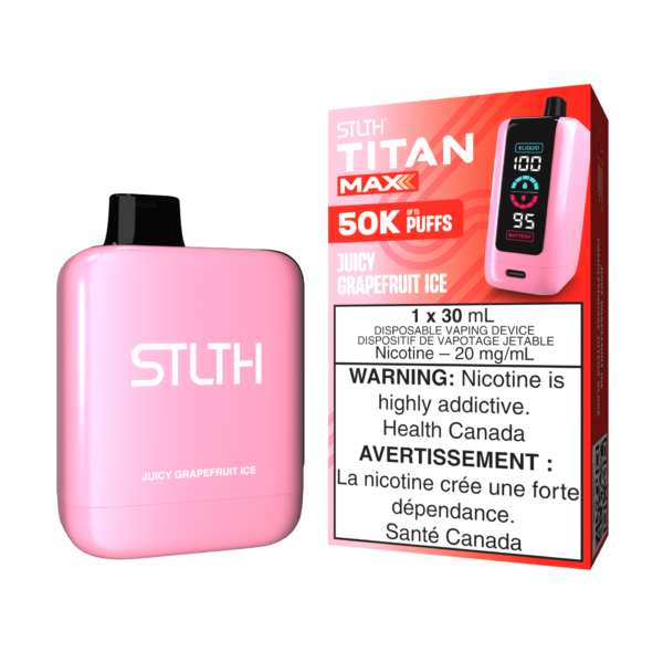 Stlth Titan Max Juicy Grapefruit Ice, tangy grapefruit flavor with cooling menthol.