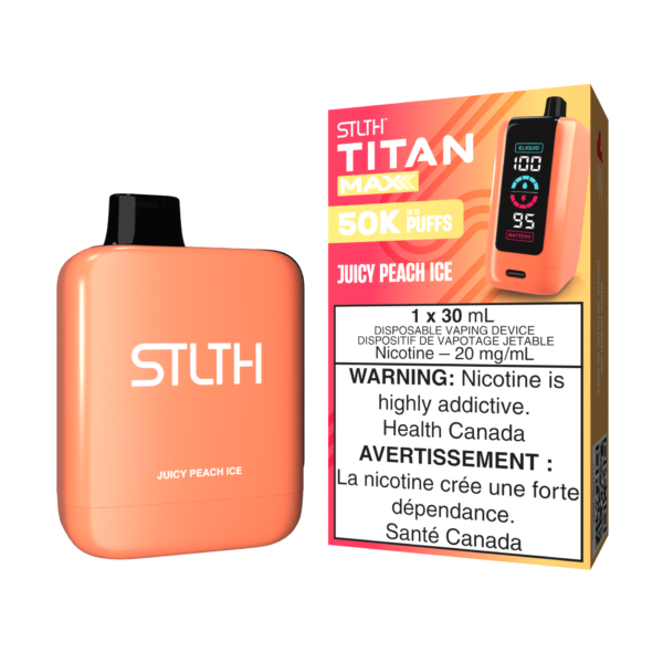 Stlth Titan Max Juicy Peach Ice, ripe peach flavor with icy cooling and adjustable airflow.