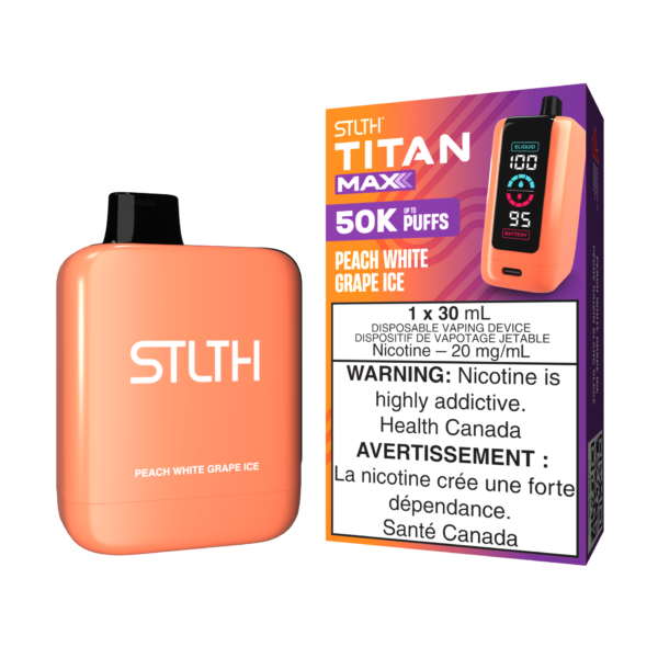 Stlth Titan Max Peach White Grape Ice, fruity peach and grape blend with menthol.