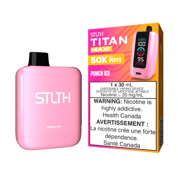 Stlth Titan Max Punch Ice, tropical fruit punch flavor with refreshing menthol.