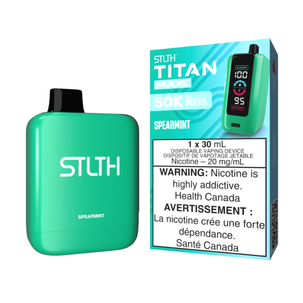 Stlth Titan Max Spearmint, crisp spearmint flavor with adjustable airflow and up to 50,000 puffs.