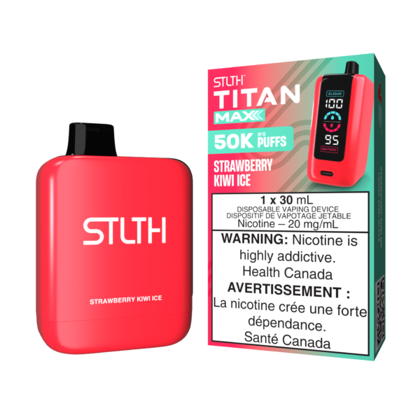 Stlth Titan Max Strawberry Kiwi Ice, fruity strawberry and kiwi flavor with menthol.