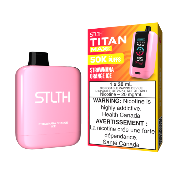 Stlth Titan Max Strawnana Orange Ice, tropical banana and orange blend with a cool finish.