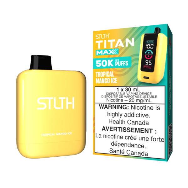 Stlth Titan Max Tropical Mango Ice, tropical mango flavor with a refreshing menthol touch.