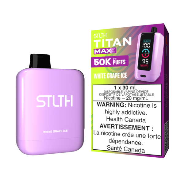 Stlth Titan Max White Grape Ice, smooth and sweet white grape flavor with cooling menthol.