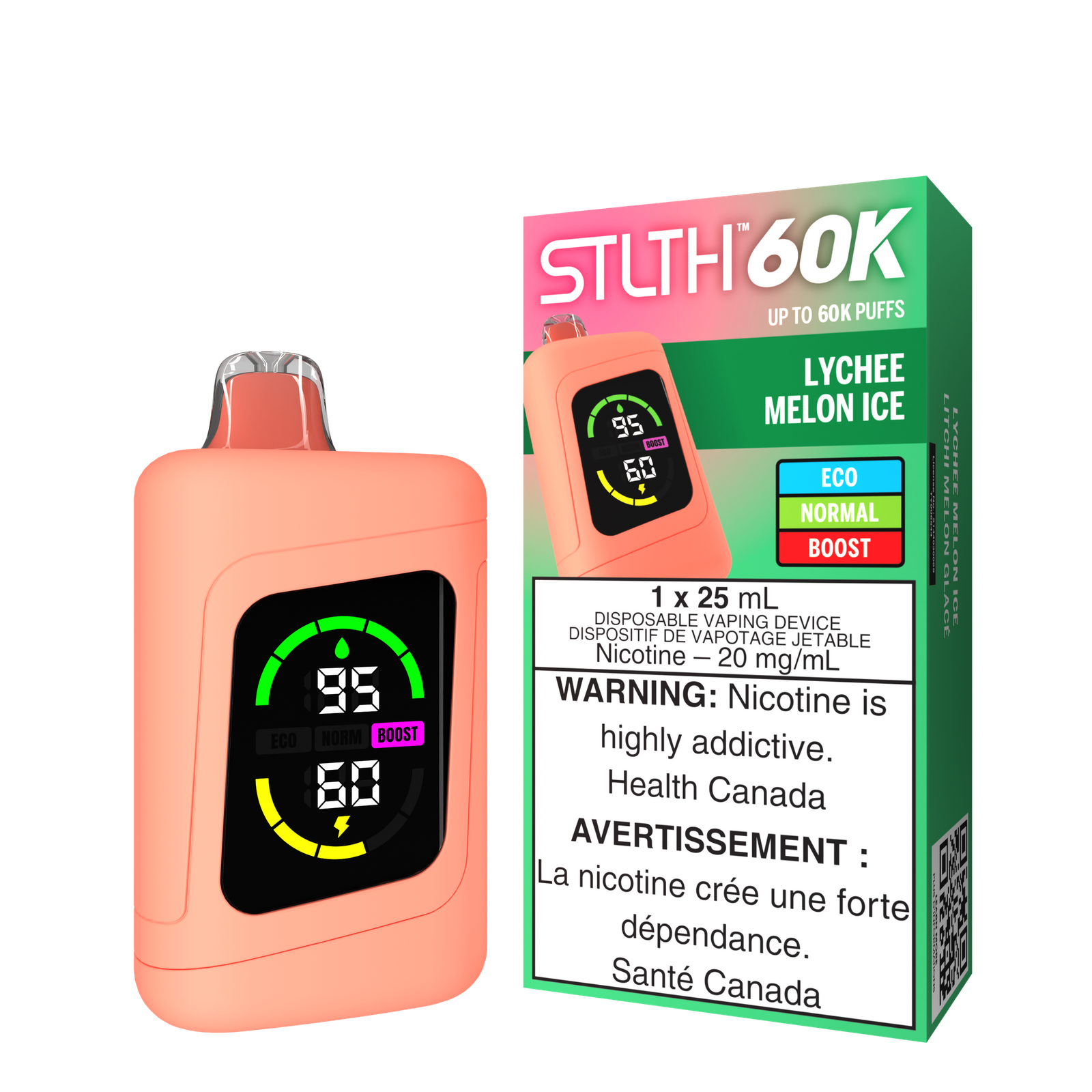 STLTH 60K Lychee Melon Ice disposable vape - 60,000 puffs, 25mL, Dual Coil, 20mg/mL nicotine salt